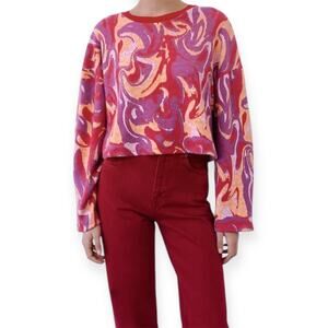 Zara Multicolor Abstract Jacquard Swirl Knit Cropped Sweater Pullover Size Small